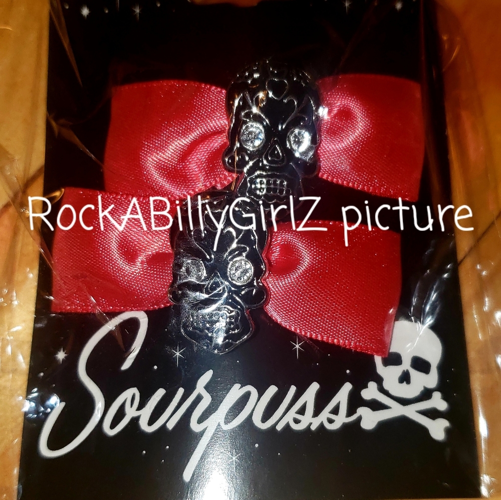 Sourpuss Muerte Sugar Skull Barrettes w Clear Rhinestone Eyes Pink Satin Ribbons